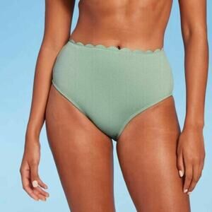 Kona Sol Scalloped Pique High Waist Bikini Bottoms Small Green